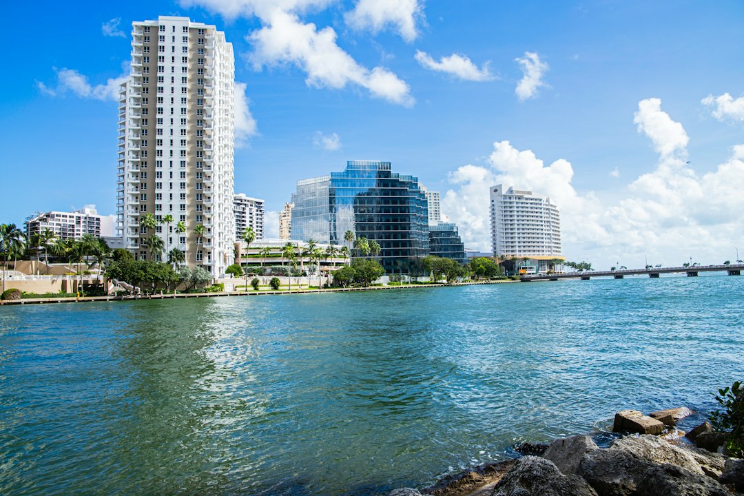 Waterfront high-rise residential buildings lining the shore